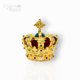 Gold crown with gemstones on a white background, branded 'Crowns & Regalia'.